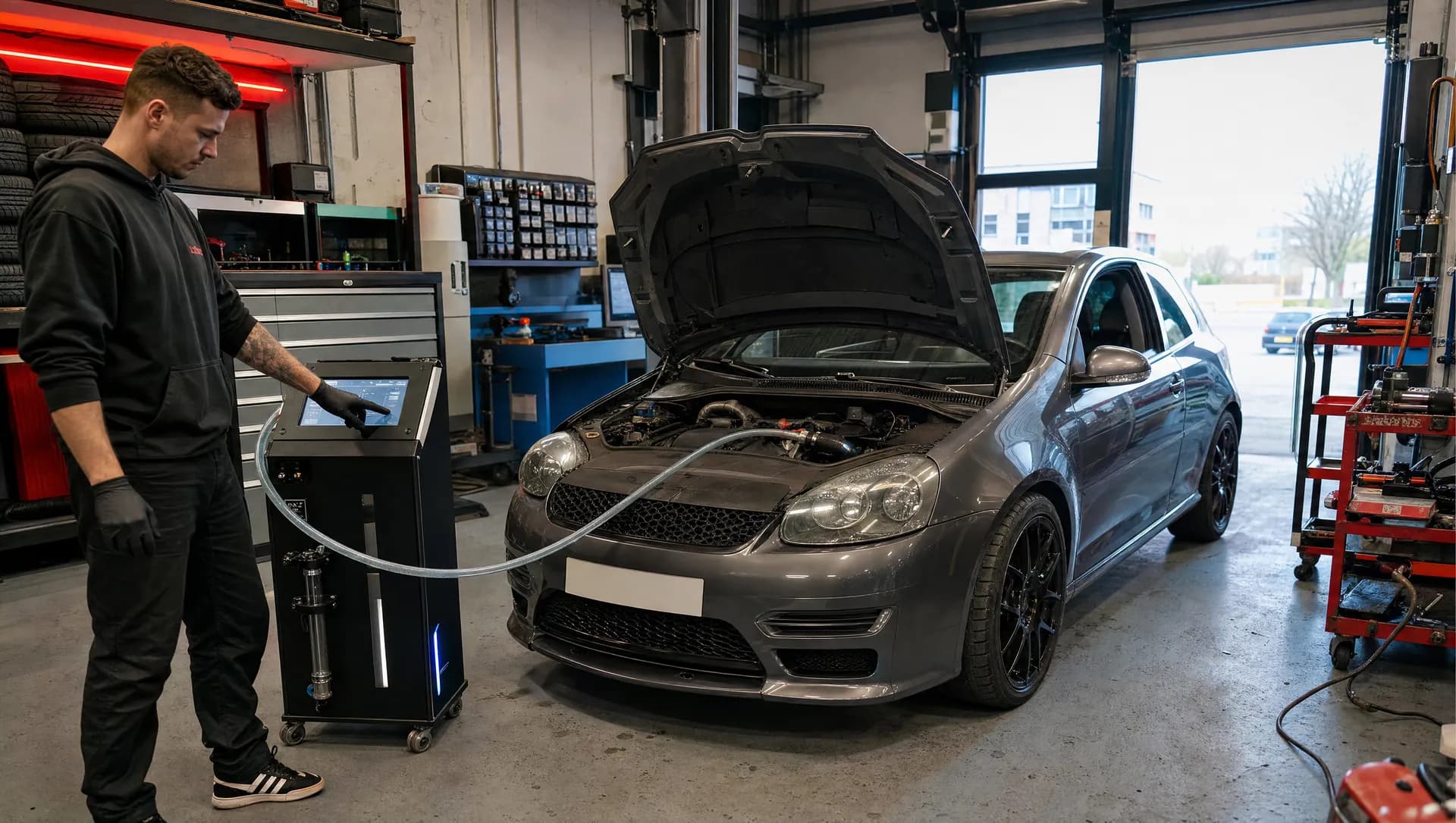Waterstofmachine aangesloten op de luchtinlaat van een auto in de werkplaats