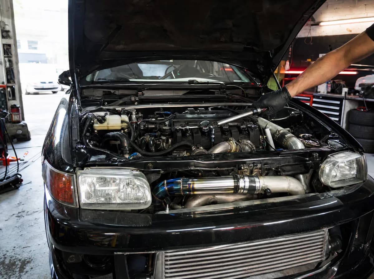 Motorruimte van een auto met turbo en intercooler